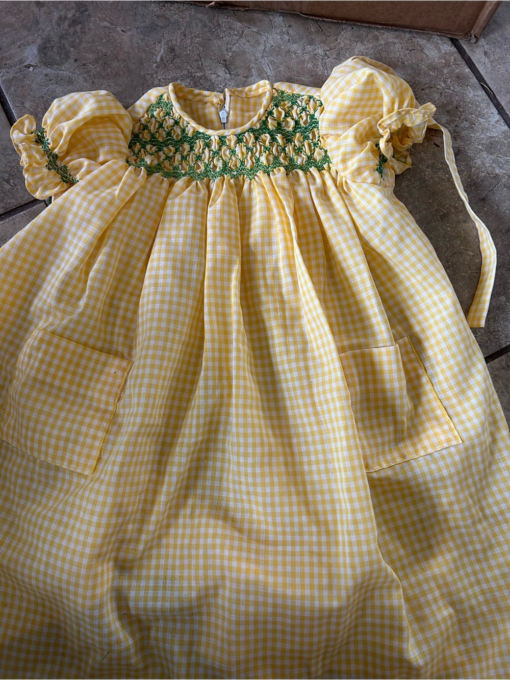 Smocked Yellow Gingham Puff Sleeve Dress vintage handmade